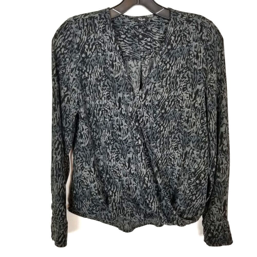 Rails Women Hillary Wrap Blouse Top Sz M Charcoal Abstract Animal Long Sleeve